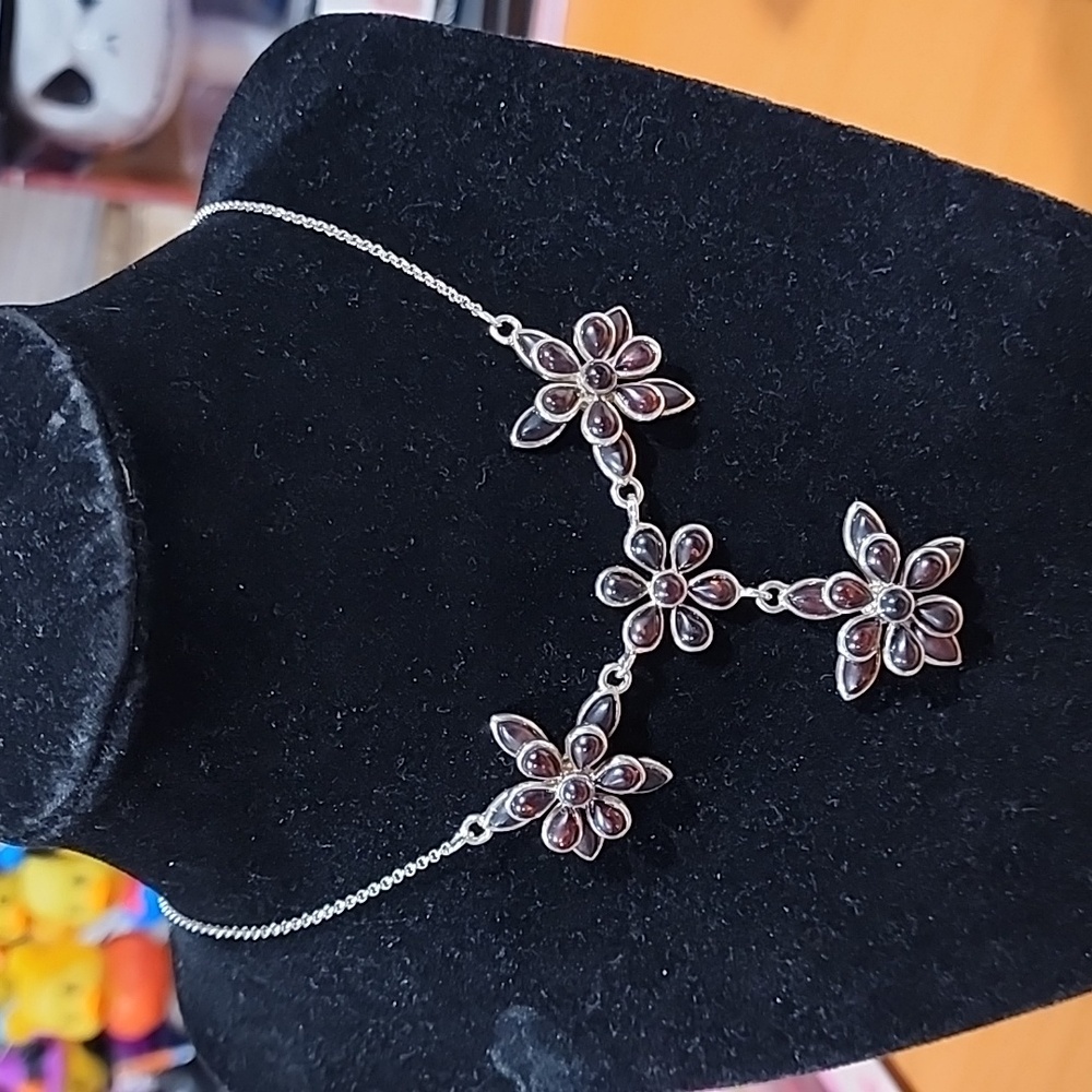 Cherry Amber Flower Sterling Silver 925  18" Necklace